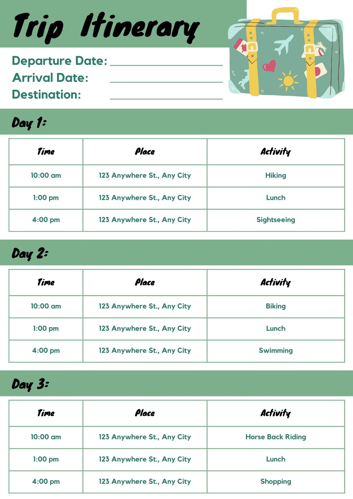 Green and White Trip Itinerary Timeline Planner