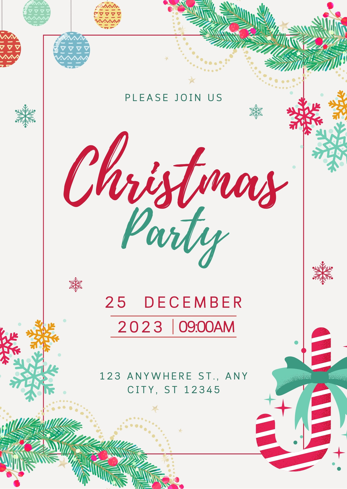 Red and Green Illustrative Christmas Party Invitation (Portrait)