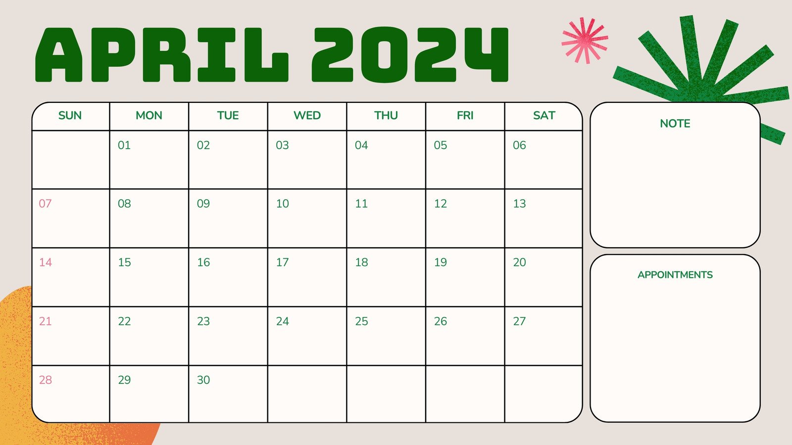 Green Bold Geometric April 2024 Calendar