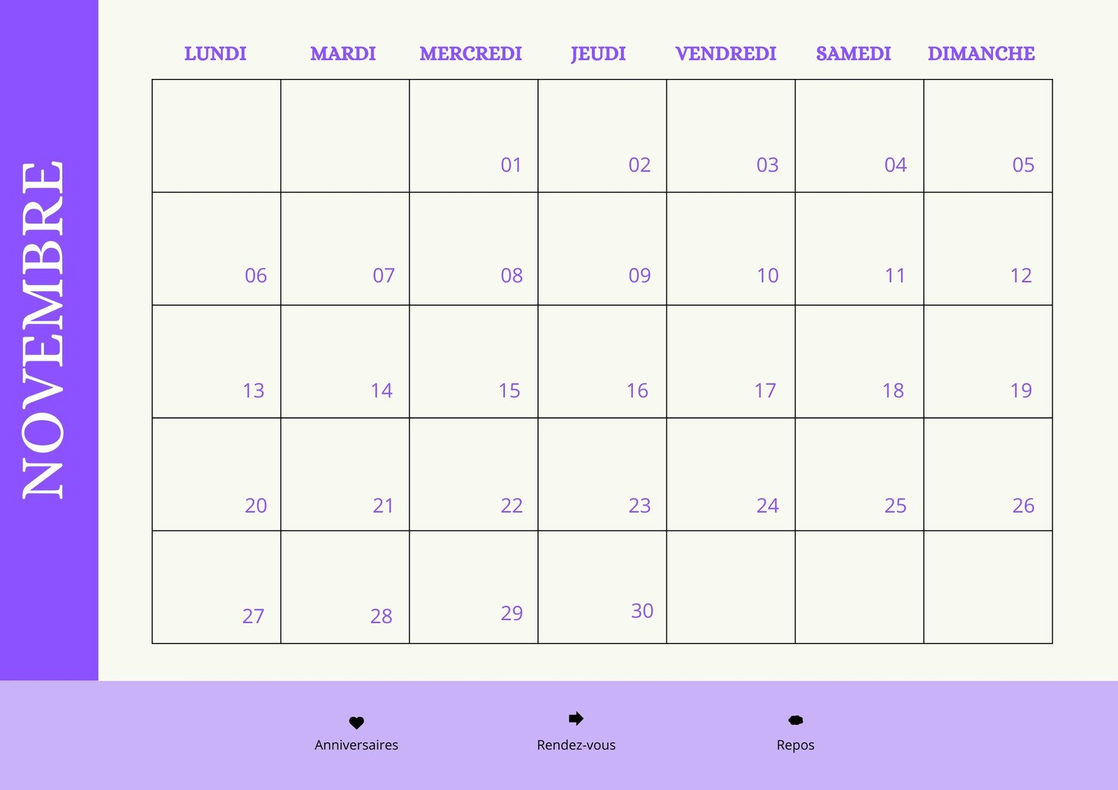 reMarkable - Modèle de calendrier mensuel