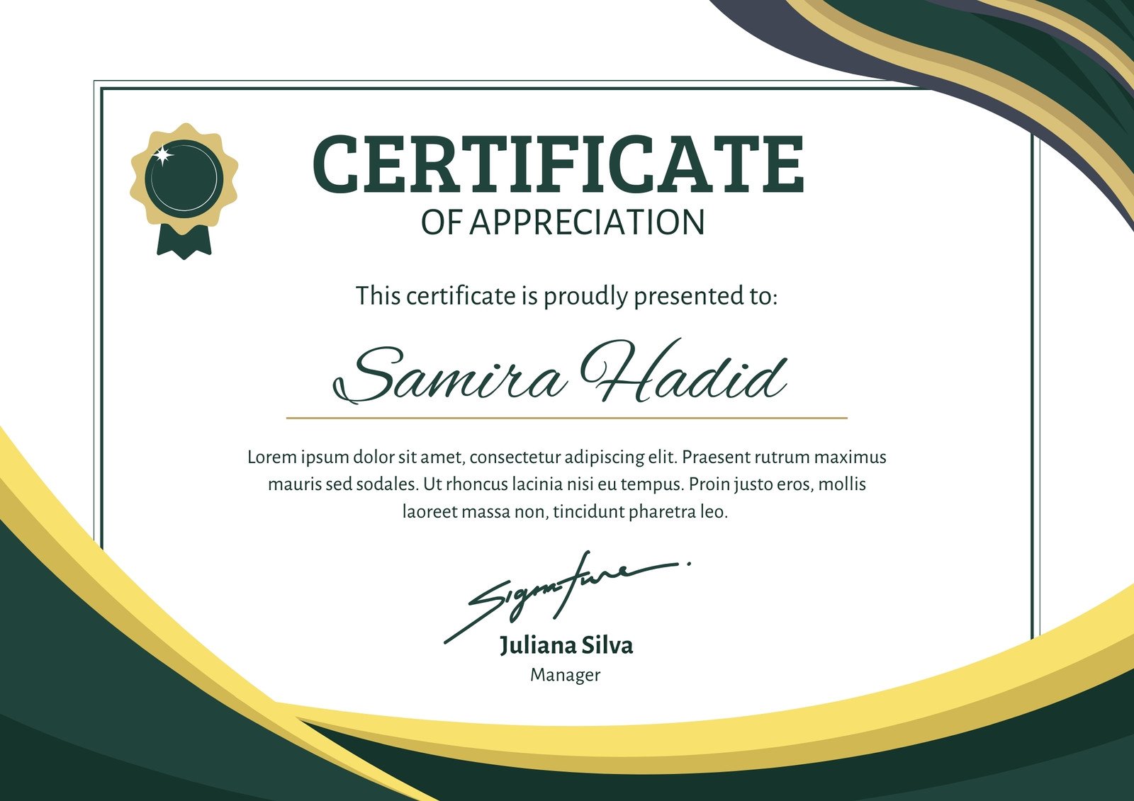 Green Gold Minimalist Elegant Certificate of Appreciation Certificate