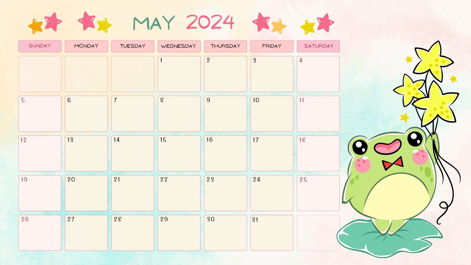 Cream Funny Illustrated May 2024 Cartoon Calendar