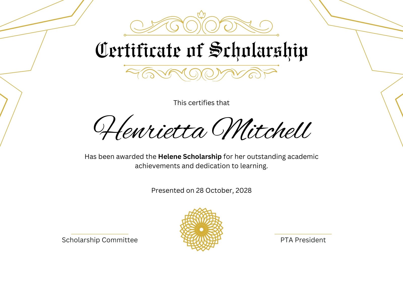 Gold Minimalist Scholarship Certificate