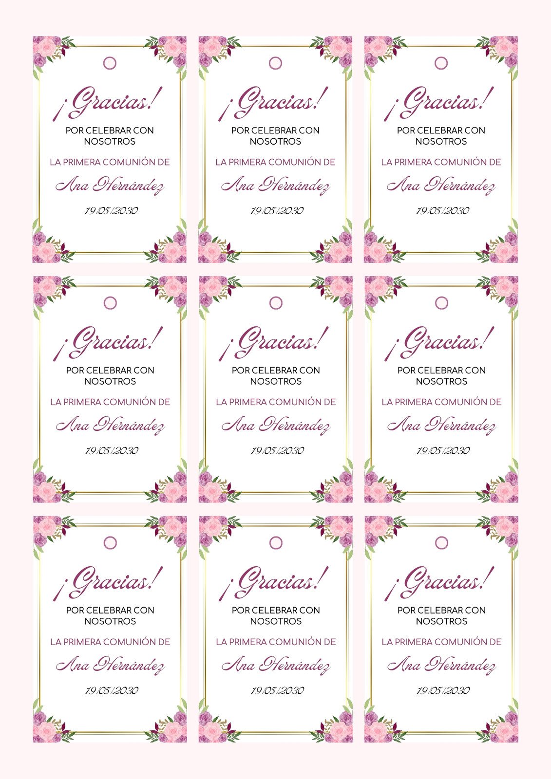 Documento A4 Etiquetas Agradecimiento Primera Comunión Floral Rosa y Dorado