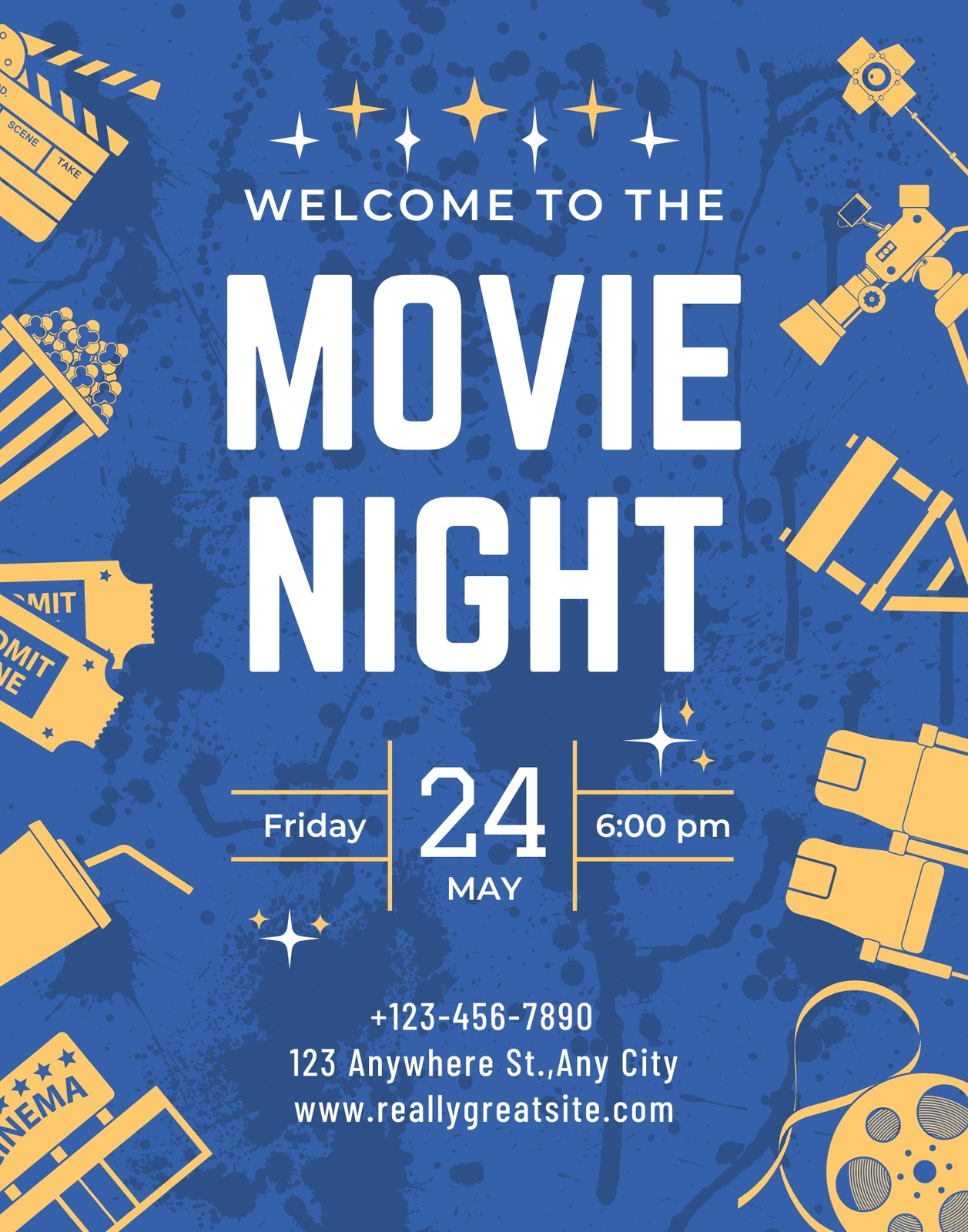 Yellow And Blue Illustrated Movie Night Invitation Poster
