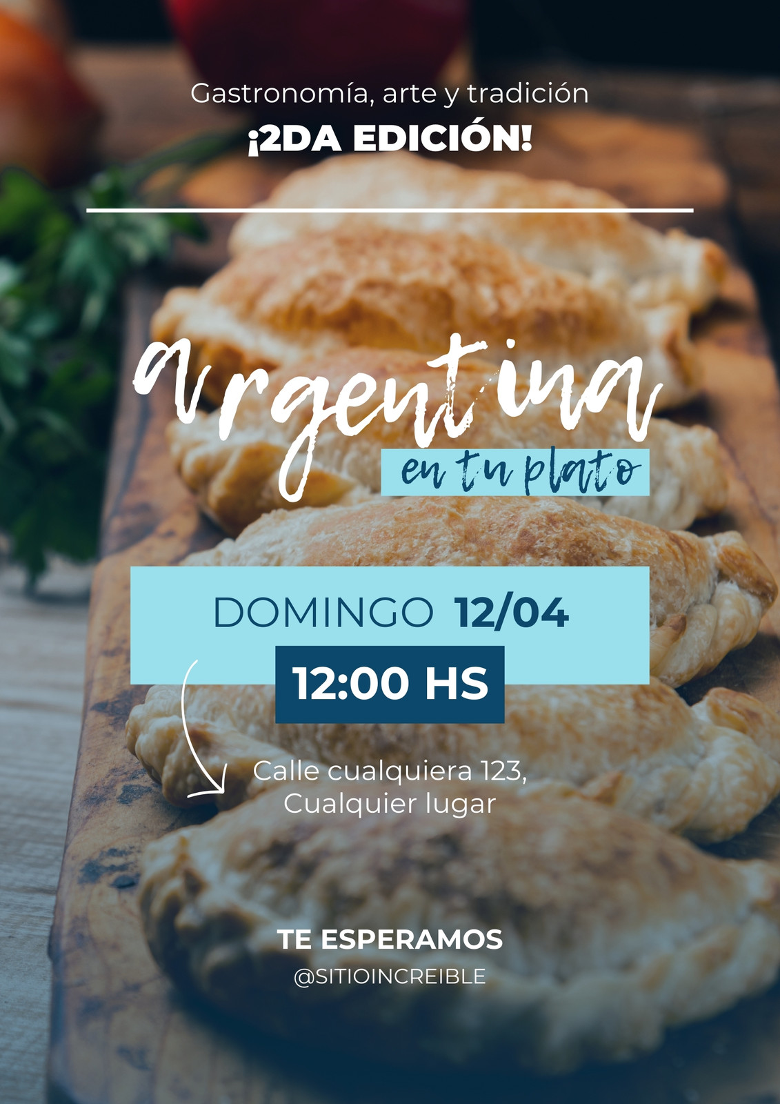 Flyer informativo gastronomia argentina fotografia empanadas azul