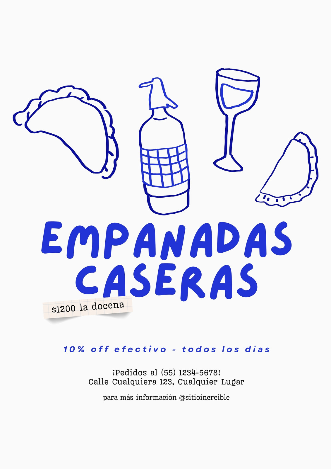 Flyer promoción empanadas caseras Argentina ilustrado celeste y blanco