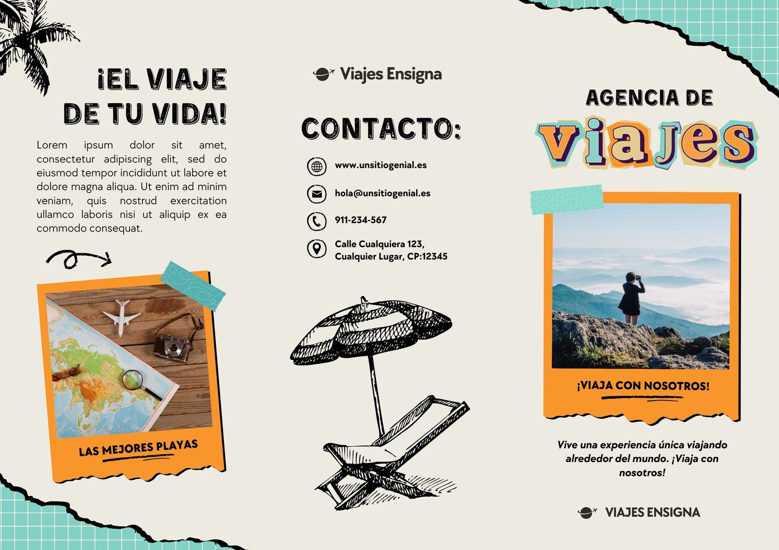 Folleto Tríptico Agencia de Viajes Collage Fotográfico Azul y Naranja