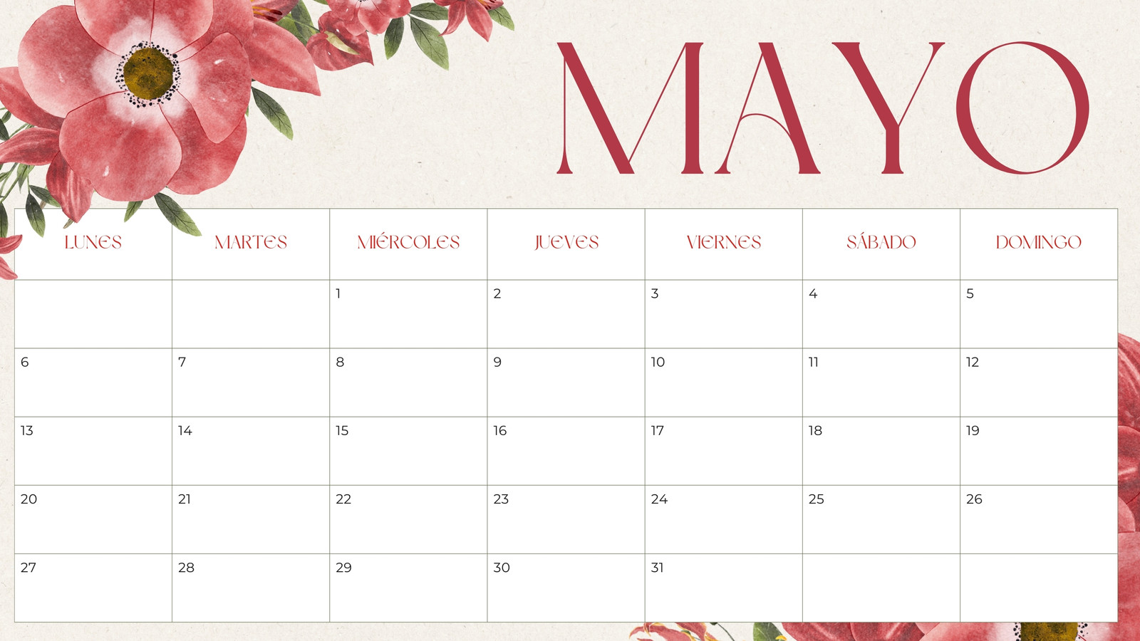 Calendario Mayo 2024 Ilustrado Rojo y Beige