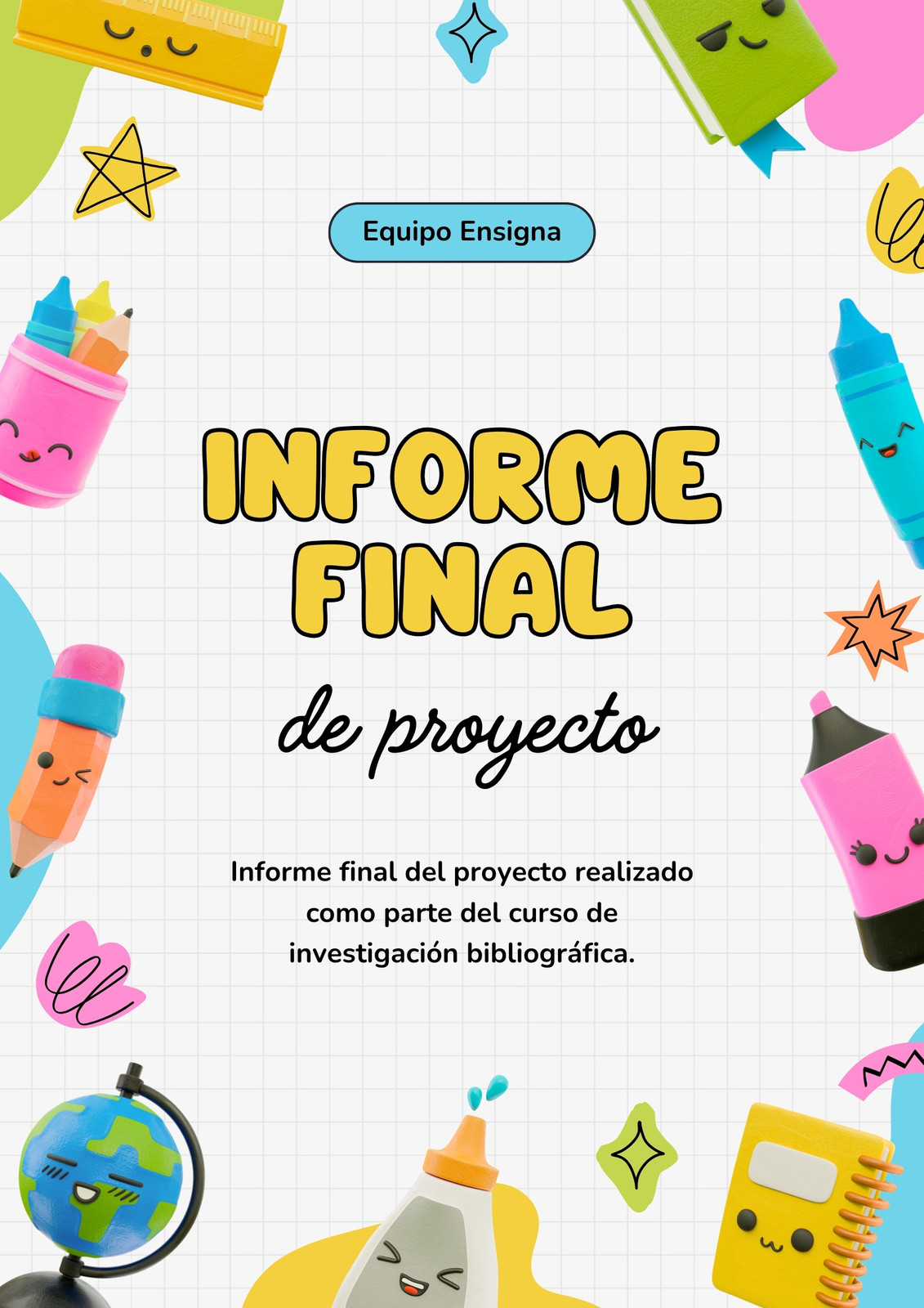 Documento A4 Portada Carátula Informe de Proyecto 3D Infantil Multicolor