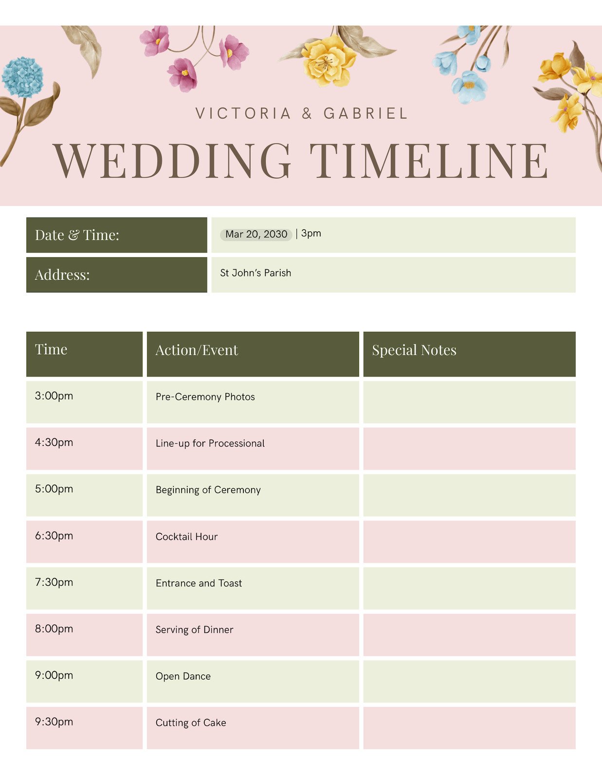 Wedding Timeline Planner Doc in Pink Olive Green Yellow Style