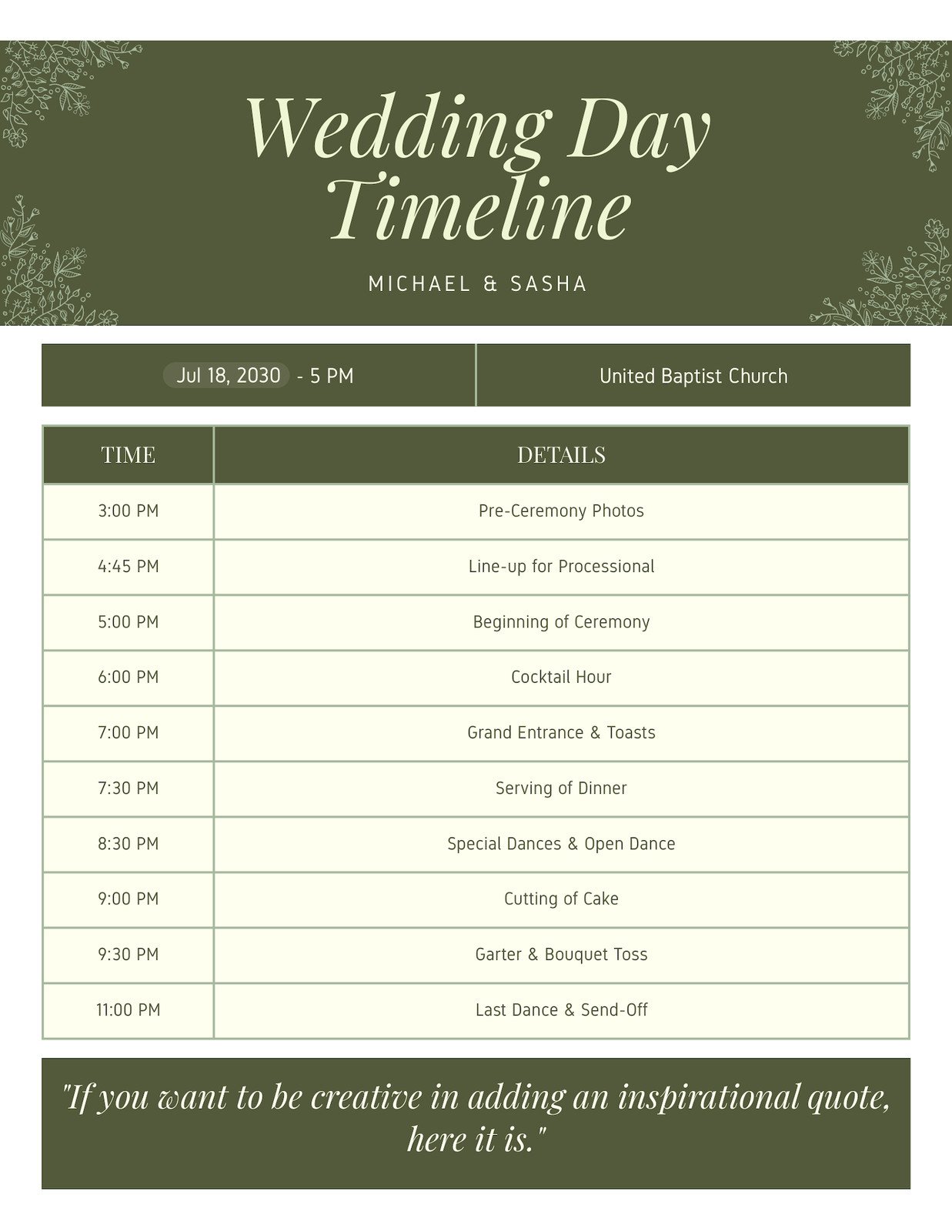 Wedding Timeline Planner Doc in Olive Green Light Yellow Style