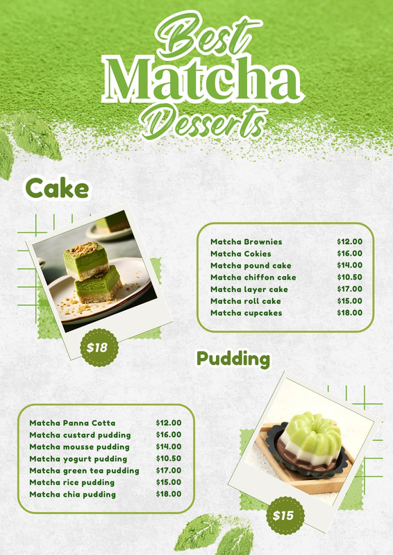 Green Matcha Desserts Menu