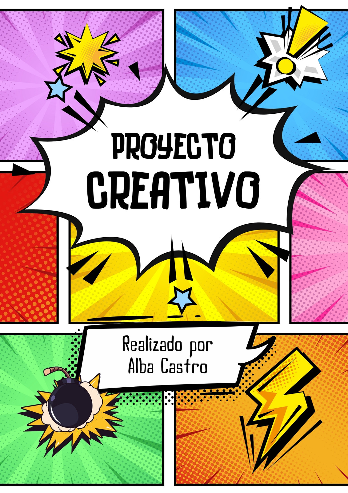 Documento A4 portada de proyecto creativo historieta comic multicolor
