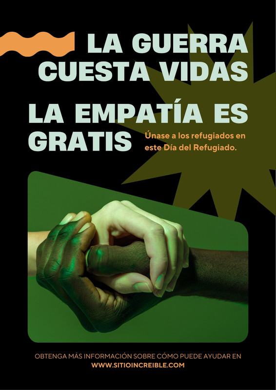 Afiche accesible del Día Mundial de los Refugiados en negro naranja verde estilo foto céntrico en negrita