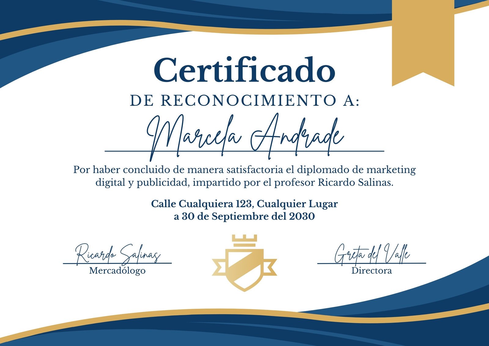 Certificado de Reconocimiento Moderno Azul y Dorado