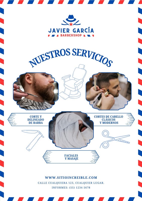 Flyer Servicios de Barbería Minimalista Azul y Rojo