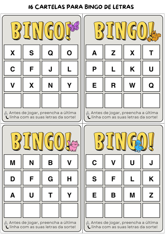 Cartela de Bingo de Letras Colorida Divertida com Animais A4