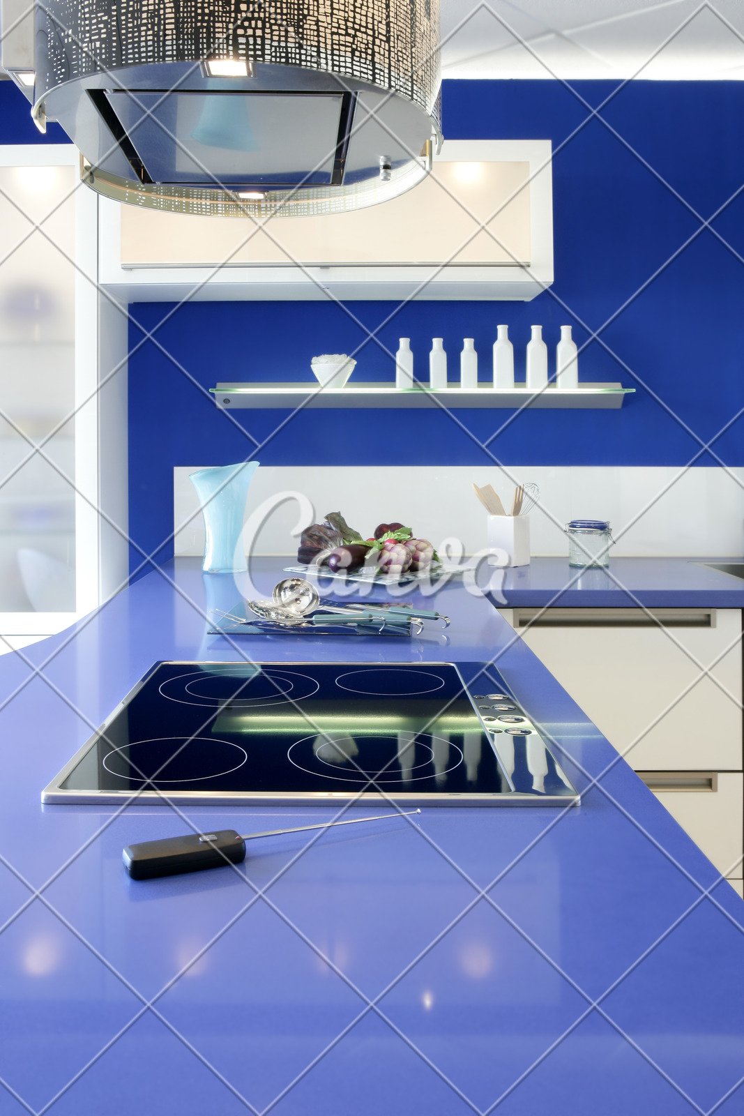 Modern Kitchen Design Blue And White   Wood And Resin Table