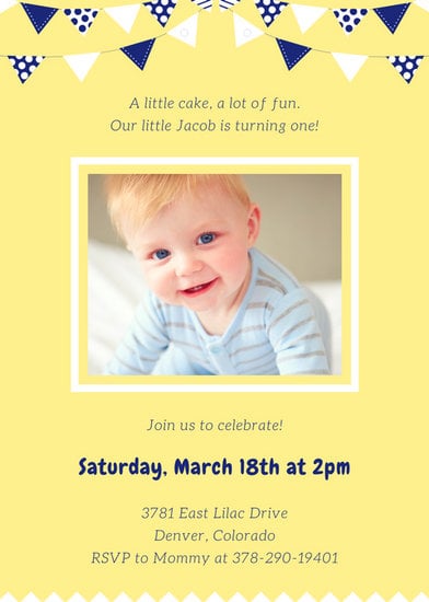 White And Blue Bunting On Yellow 1st Birthday Invitation Templates