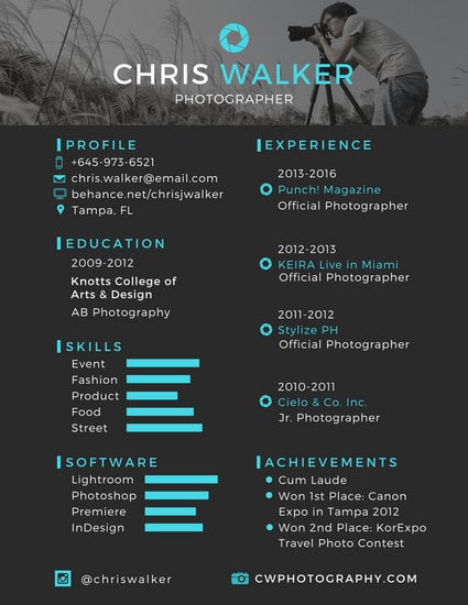 Black And Blue Photographer Resume Templates By Canva