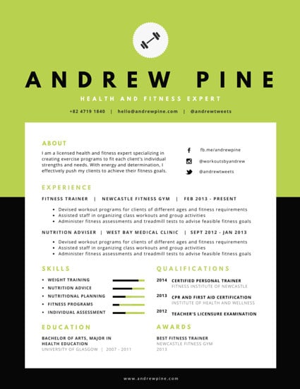 Health And Fitness Expert Resume Templates By Canva