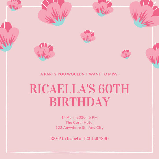 Pink and Blue Floral Icons 60th Birthday Invitation - Templates by Canva