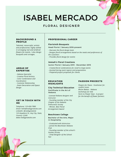 green charming floral designer resume