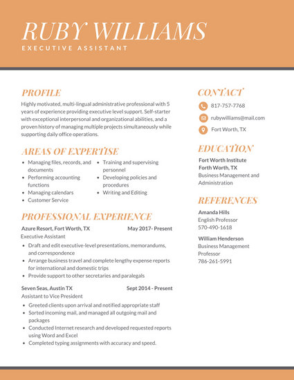 orange professional executive assistant resume