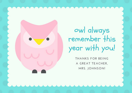 canva pink blue owl polka dots teacher cute thank you card MACB31pKedk