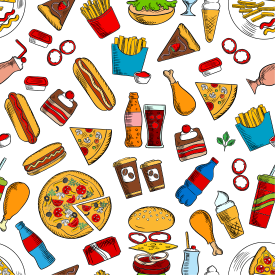 Fast Food Snacks and Beverages Seamless Background Icons 