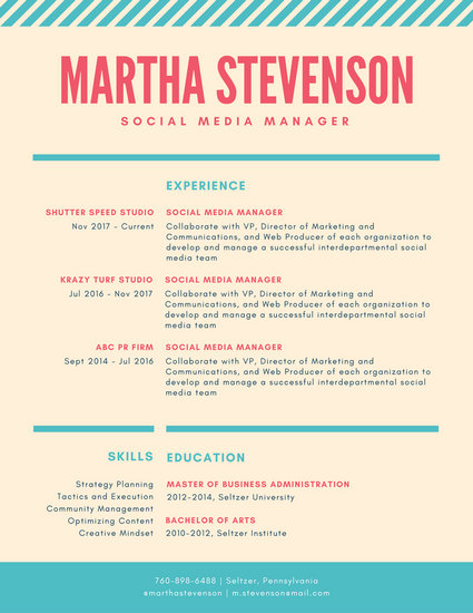 Coral and Teal Striped Colorful Resume - Templates by Canva