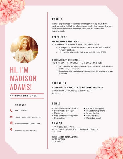 Pink Floral Infographic Resume Templates By Canva