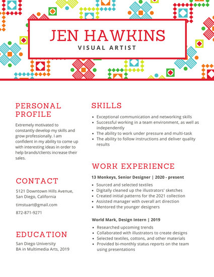 white with colorful textile pattern resume