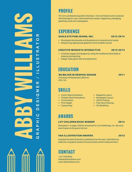 blue and yellow pencil icon creative resume