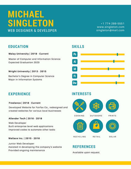 Teal And Yellow Web Designer Infographic Resume Templates By Canva