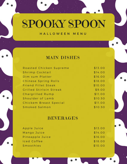 Violet Yellow Spooky Halloween  Menu  Templates by Canva