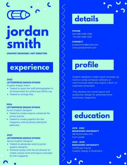 Neon Green And Blue Creative Resume Templates By Canva