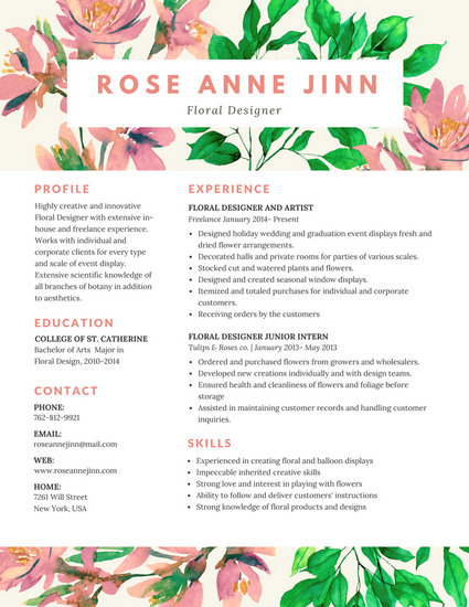 colorful floral resume