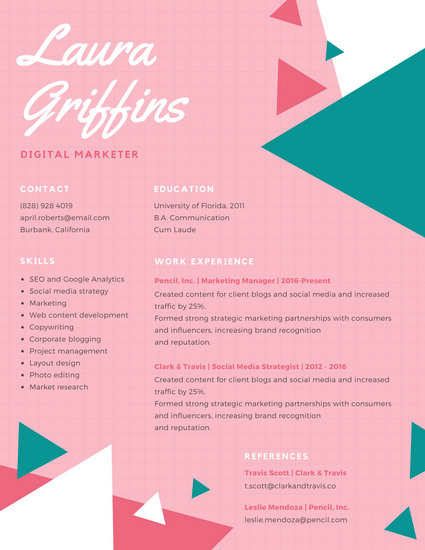 pink geometric triangle creative resume