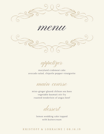 Design a wedding menu that matches your invitation and overall motif by customizing one of our ready-made templates.