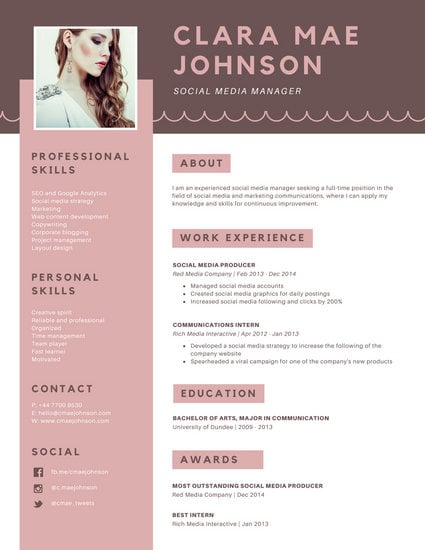 pink brown simple photo modern resume