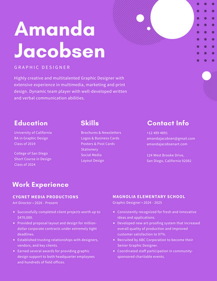 bright violet shapes modern resume