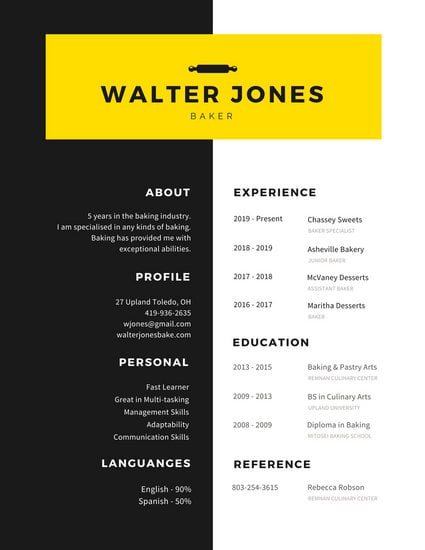 black and yellow baking modern resume