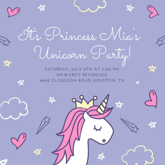 Purple Unicorn Princess Party Invitation Templates By Canva