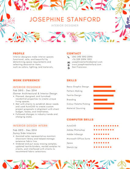 white with colorful textile pattern resume