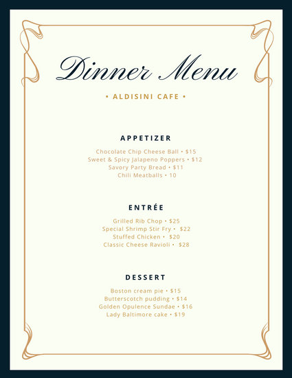 Cream and Blue Fancy Border Dinner Menu Templates by Canva