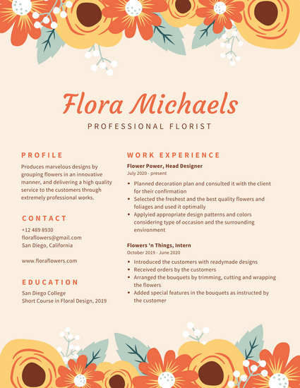 cream with floral border creative resume
