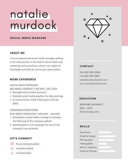 pink  u0026 gray minimal creative modern resume