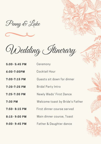 Peach Illustrated Wedding Itinerary - Templates by Canva